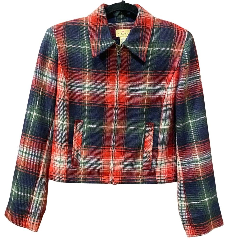 LIMITED AMERICA Vtg Wool Plaid Blazer Jacket XS Full Zip Dark Academia Preppy